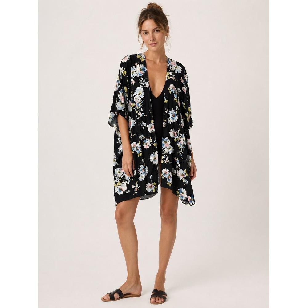 Brandy‎ Melville Womens Floral Kimono OS Boho Cardigan Black Beach Coverup